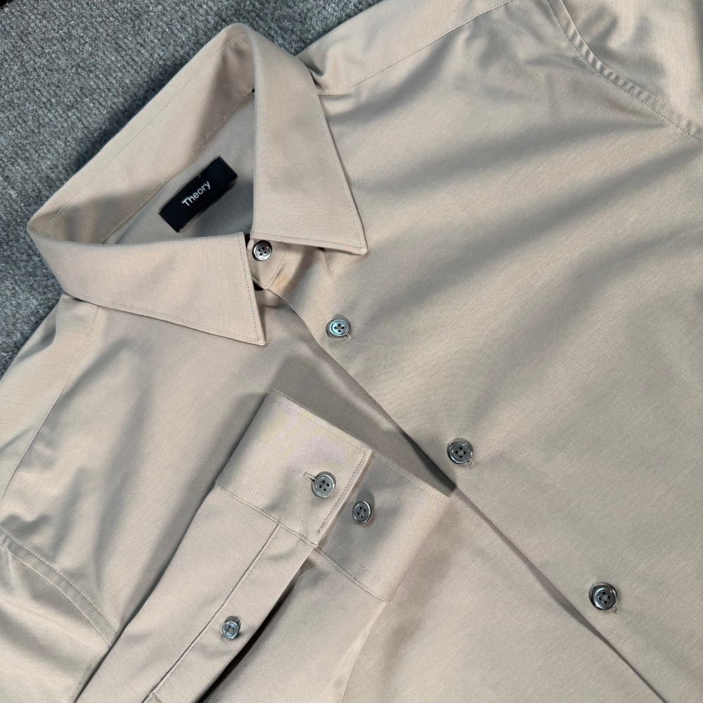 Theory Sylvain ND Structure Knit Button Down Shirt Mens XL Beige Tan #4233